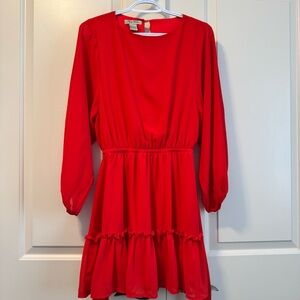 Flying Tomato Vibrant Valentine Red Long Sleeve Mini Dress Ruffle Tie Belt. Sz S
